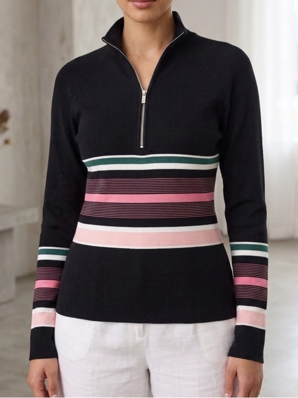 Zara Black Half-Zip Sweatshirt with Pink, Green & White Stripes